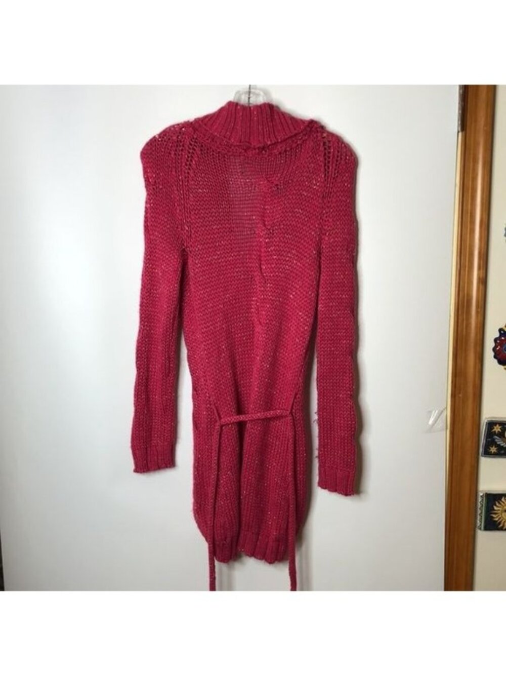 Vero Moda Womens Pink Metallic Knit Belted Collared Button Cardigan Sweater - Picture 8 of 9